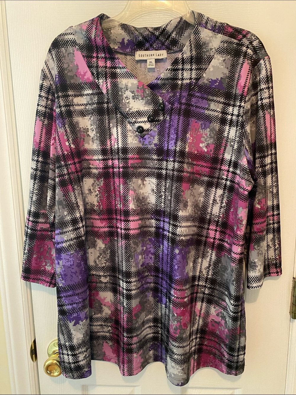 Southern Lady Pink & Purple Plaid V-Neck Tunic Top